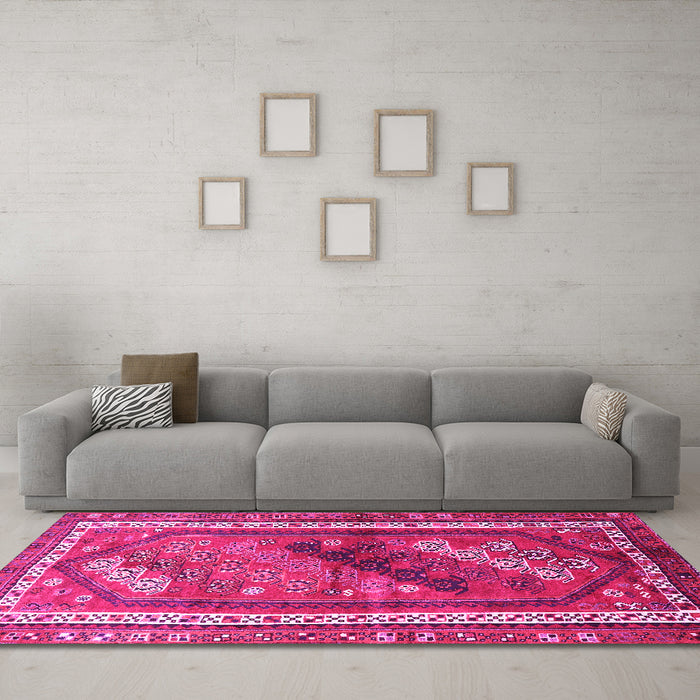 Machine Washable Persian Pink Traditional Rug in a Living Room, wshtr803pnk