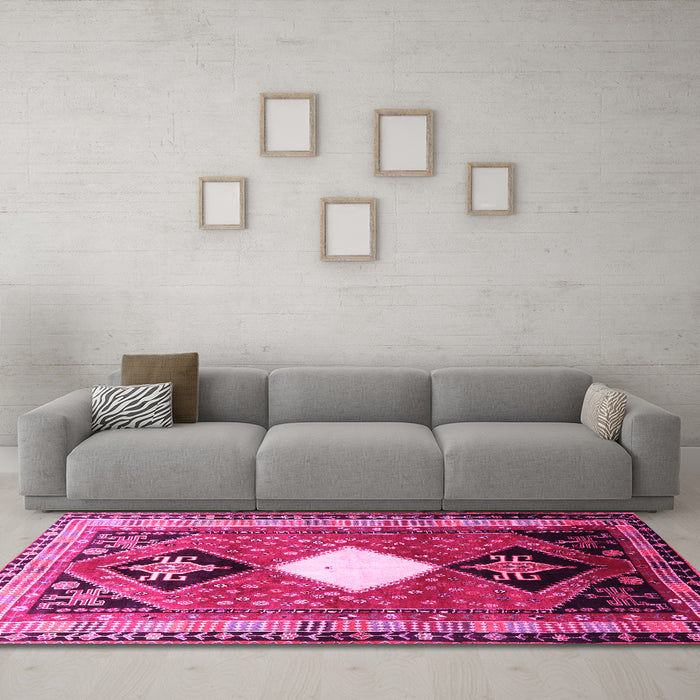 Machine Washable Persian Pink Traditional Rug in a Living Room, wshtr804pnk