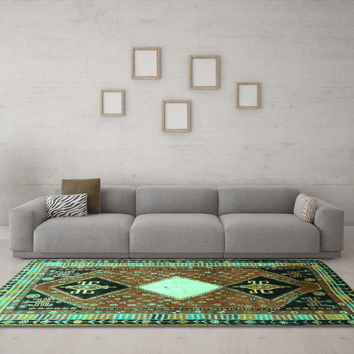 Machine Washable Persian Turquoise Traditional Area Rugs in a Living Room,, wshtr804turq