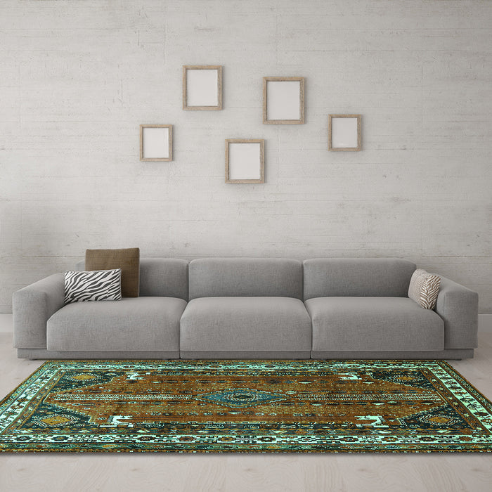 Machine Washable Persian Turquoise Traditional Area Rugs in a Living Room,, wshtr805turq