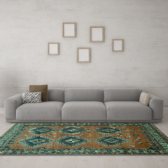 Machine Washable Persian Turquoise Traditional Area Rugs in a Living Room,, wshtr807turq
