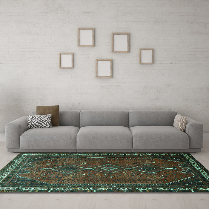 Machine Washable Persian Turquoise Traditional Area Rugs in a Living Room,, wshtr808turq