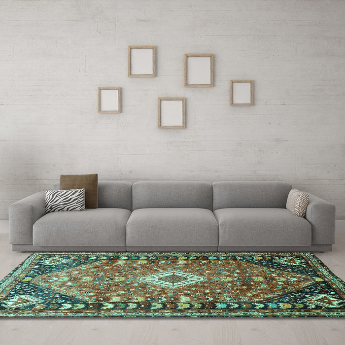 Machine Washable Persian Turquoise Traditional Area Rugs in a Living Room,, wshtr809turq