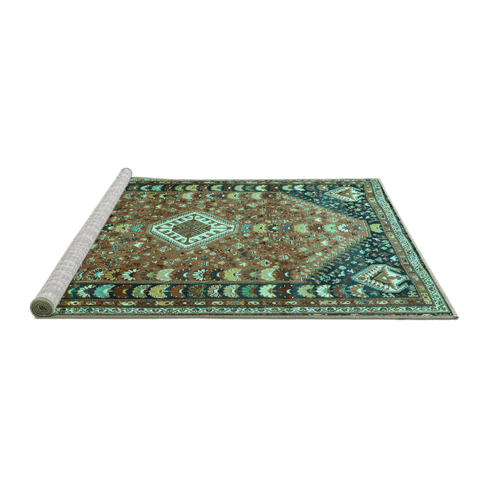 Sideview of Machine Washable Persian Turquoise Traditional Area Rugs, wshtr809turq