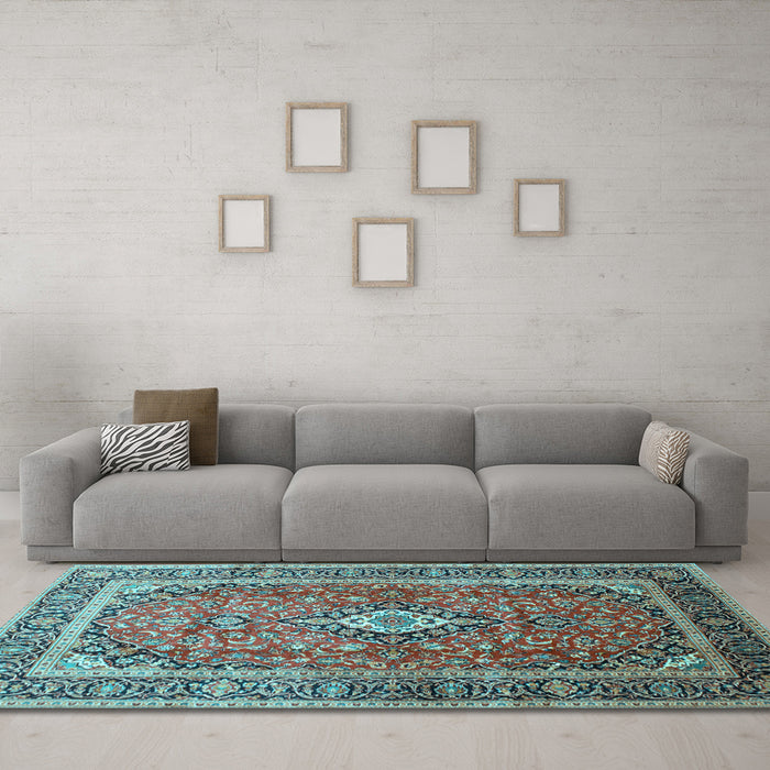 Machine Washable Medallion Light Blue Traditional Rug in a Living Room, wshtr80lblu