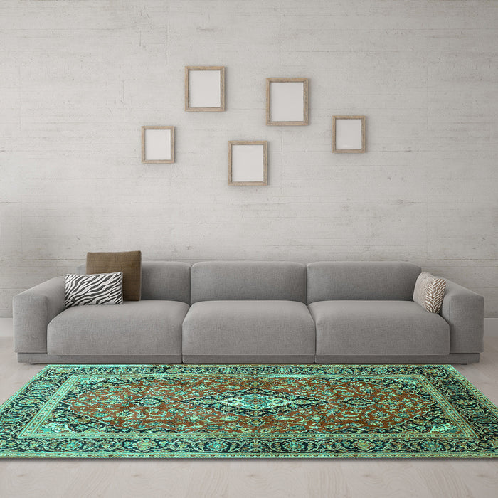 Machine Washable Medallion Turquoise Traditional Area Rugs in a Living Room,, wshtr80turq
