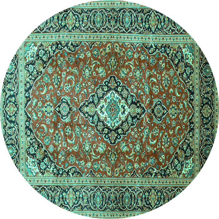 Round Machine Washable Medallion Turquoise Traditional Area Rugs, wshtr80turq