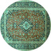 Round Machine Washable Medallion Turquoise Traditional Area Rugs, wshtr80turq