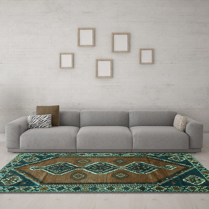 Machine Washable Persian Turquoise Traditional Area Rugs in a Living Room,, wshtr810turq