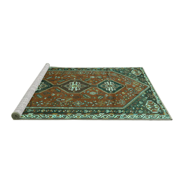 Sideview of Machine Washable Persian Turquoise Traditional Area Rugs, wshtr811turq