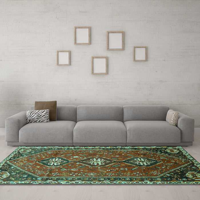 Machine Washable Persian Turquoise Traditional Area Rugs in a Living Room,, wshtr811turq