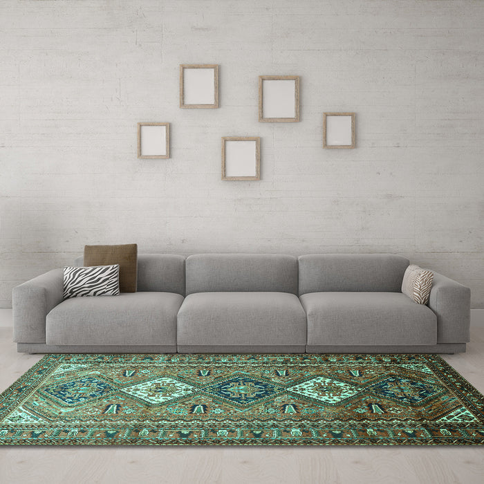 Machine Washable Persian Turquoise Traditional Area Rugs in a Living Room,, wshtr812turq