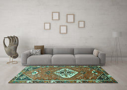 Machine Washable Persian Turquoise Traditional Area Rugs in a Living Room,, wshtr813turq
