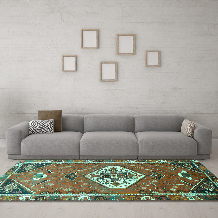 Machine Washable Persian Turquoise Traditional Area Rugs in a Living Room,, wshtr813turq