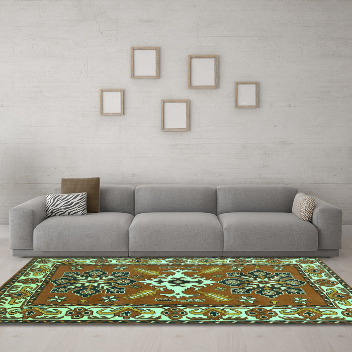 Machine Washable Geometric Turquoise Traditional Area Rugs in a Living Room,, wshtr818turq