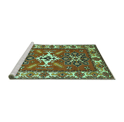 Sideview of Machine Washable Geometric Turquoise Traditional Area Rugs, wshtr818turq