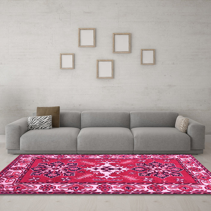 Machine Washable Geometric Pink Traditional Rug in a Living Room, wshtr818pnk