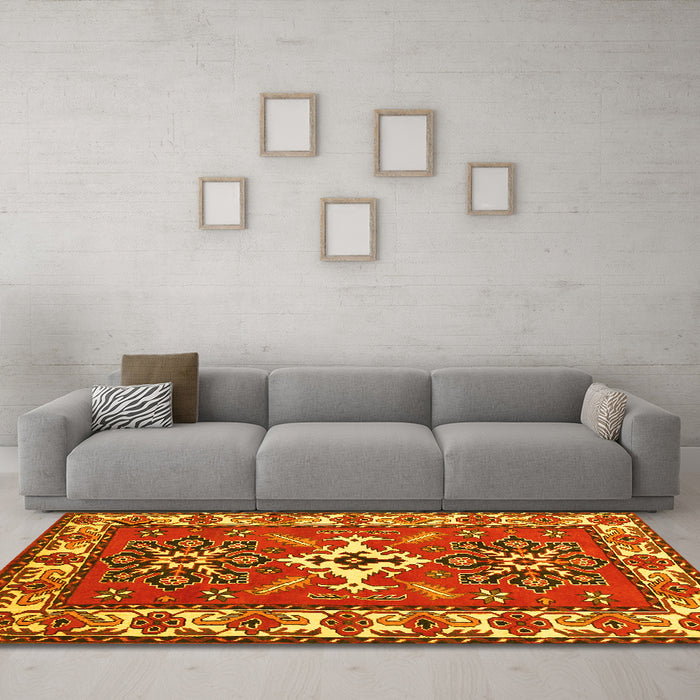 Machine Washable Geometric Yellow Traditional Rug in a Living Room, wshtr818yw