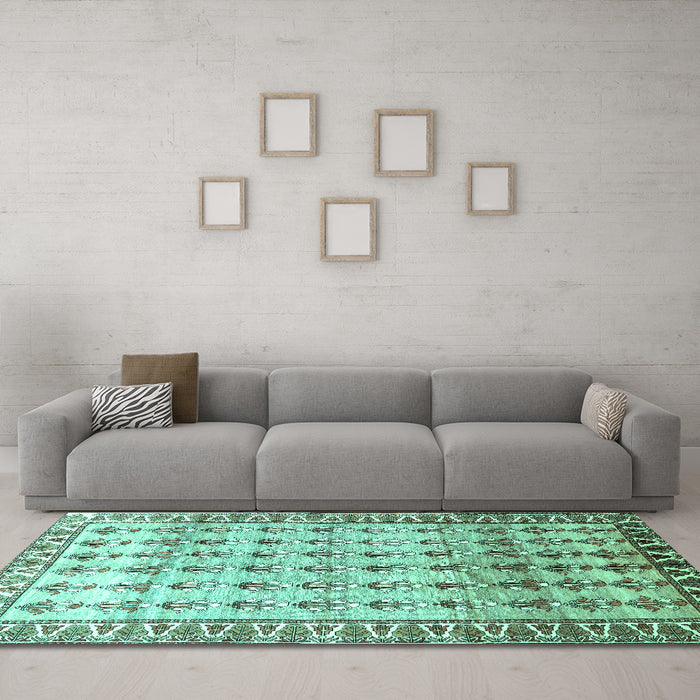 Machine Washable Persian Turquoise Traditional Area Rugs in a Living Room,, wshtr821turq