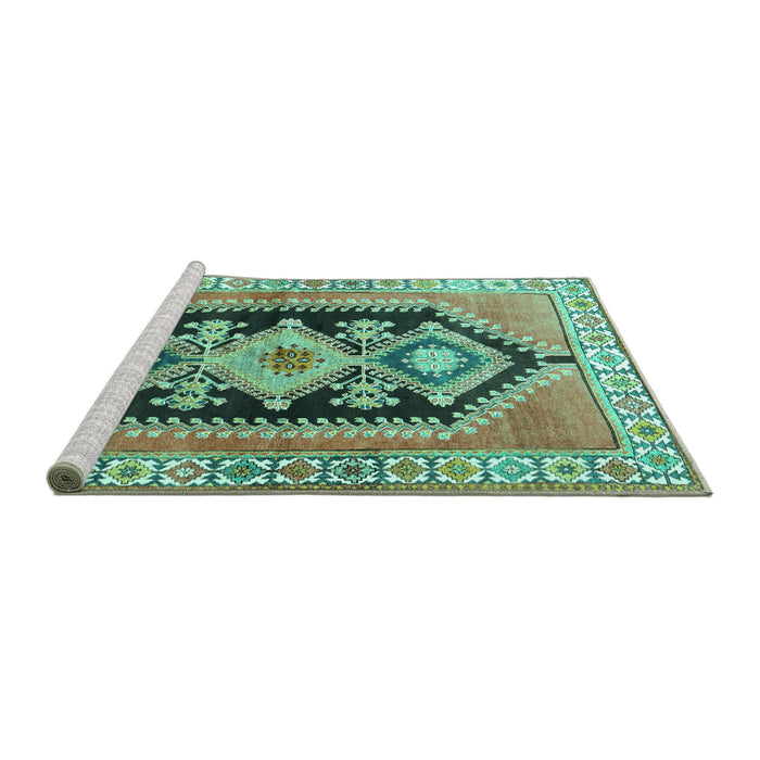 Sideview of Machine Washable Persian Turquoise Traditional Area Rugs, wshtr824turq
