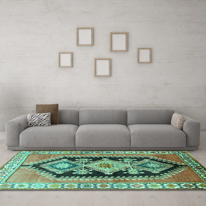 Machine Washable Persian Turquoise Traditional Area Rugs in a Living Room,, wshtr824turq