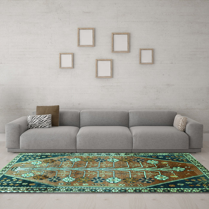 Machine Washable Persian Turquoise Traditional Area Rugs in a Living Room,, wshtr826turq