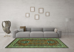 Machine Washable Geometric Turquoise Traditional Area Rugs in a Living Room,, wshtr827turq