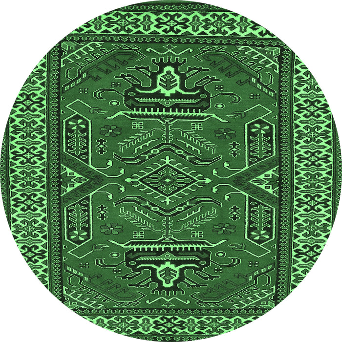 Round Geometric Emerald Green Traditional Rug, tr827emgrn