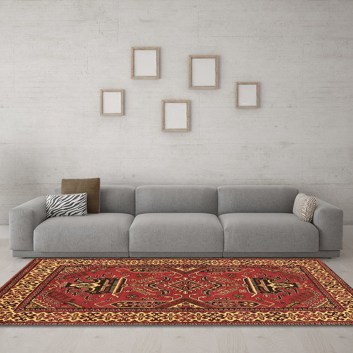 Machine Washable Geometric Brown Traditional Rug in a Living Room,, wshtr827brn