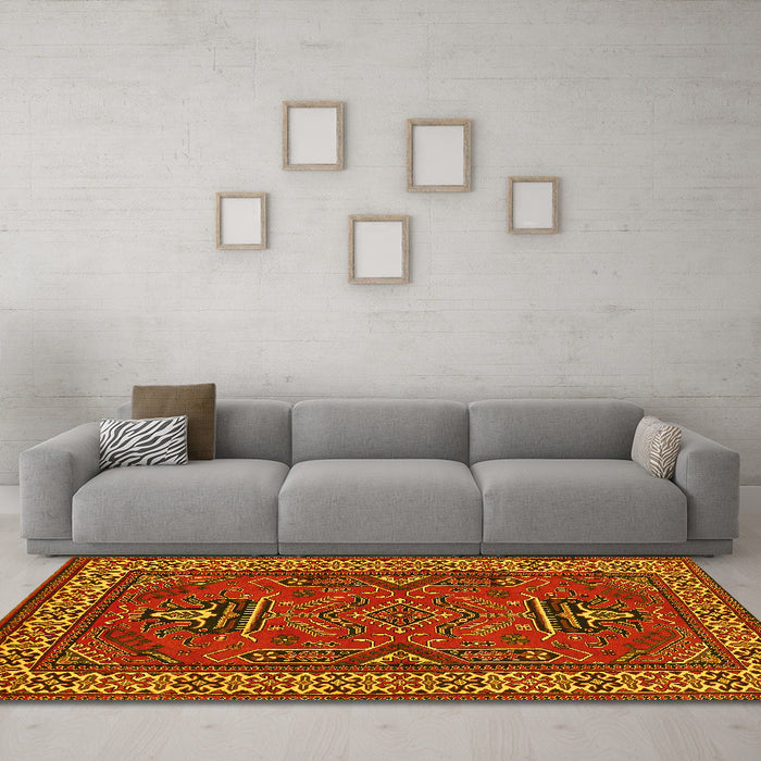 Machine Washable Geometric Yellow Traditional Rug in a Living Room, wshtr827yw