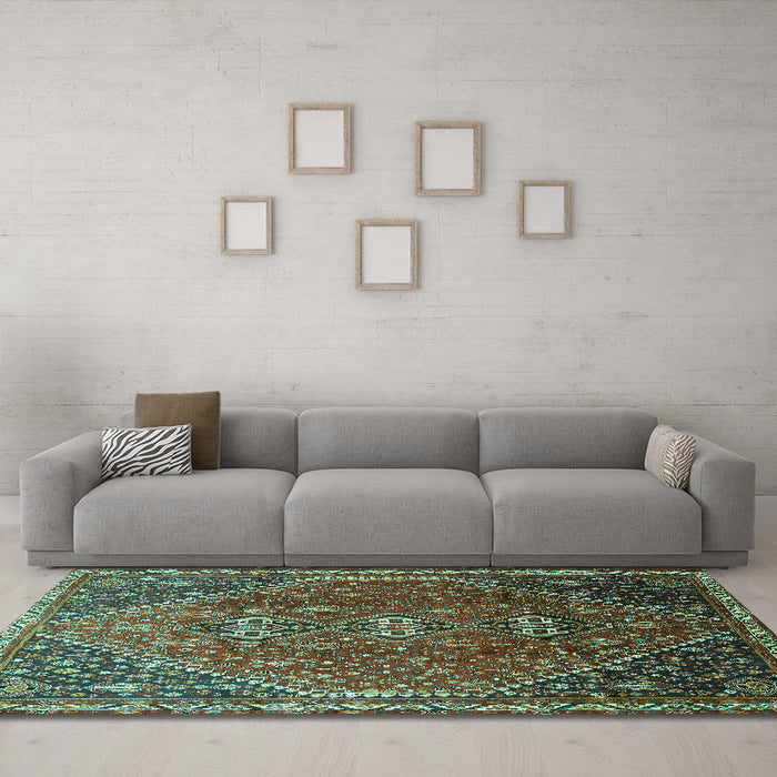 Machine Washable Persian Turquoise Traditional Area Rugs in a Living Room,, wshtr828turq
