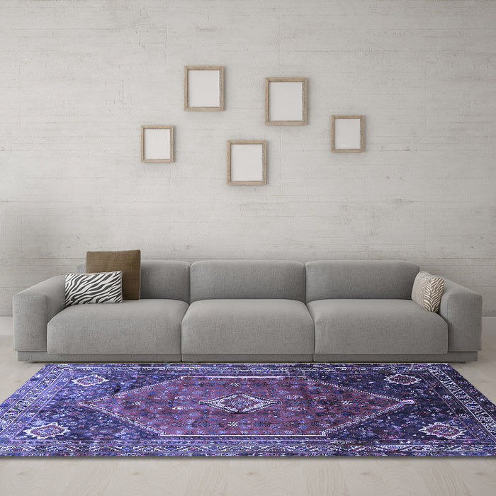 Machine Washable Persian Blue Traditional Rug in a Living Room, wshtr829blu