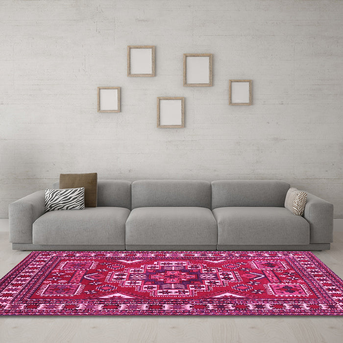 Machine Washable Geometric Pink Traditional Rug in a Living Room, wshtr830pnk