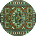 Round Machine Washable Geometric Turquoise Traditional Area Rugs, wshtr830turq