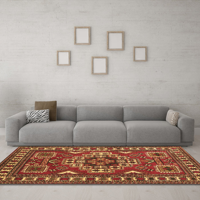 Machine Washable Geometric Brown Traditional Rug in a Living Room,, wshtr830brn
