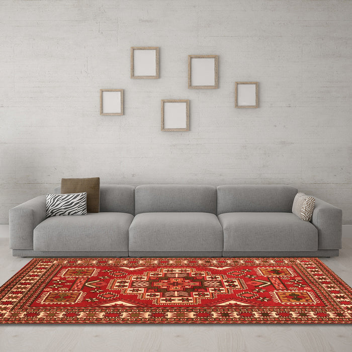 Machine Washable Geometric Orange Traditional Area Rugs in a Living Room, wshtr830org