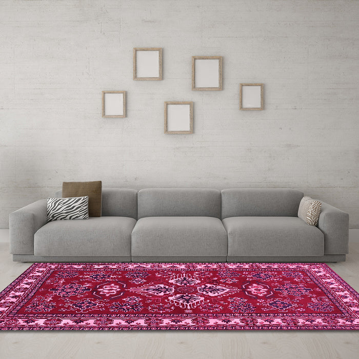 Machine Washable Persian Pink Traditional Rug in a Living Room, wshtr834pnk
