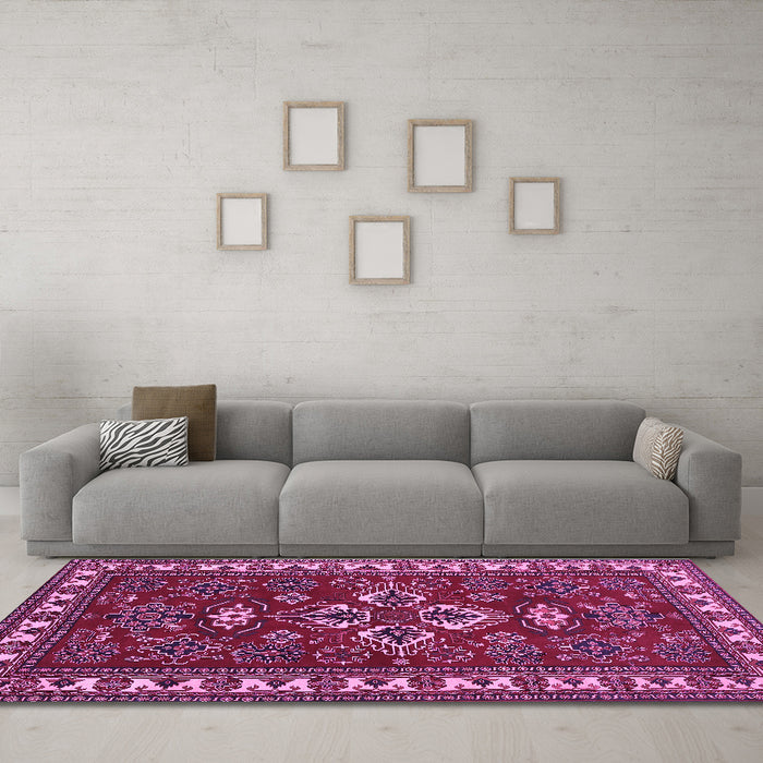 Machine Washable Persian Purple Traditional Area Rugs in a Living Room, wshtr834pur