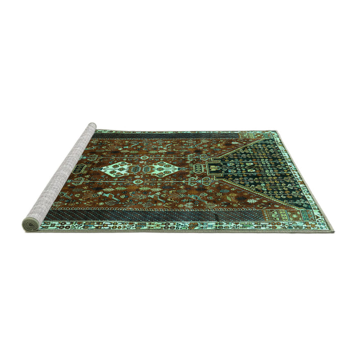 Sideview of Machine Washable Persian Turquoise Traditional Area Rugs, wshtr837turq