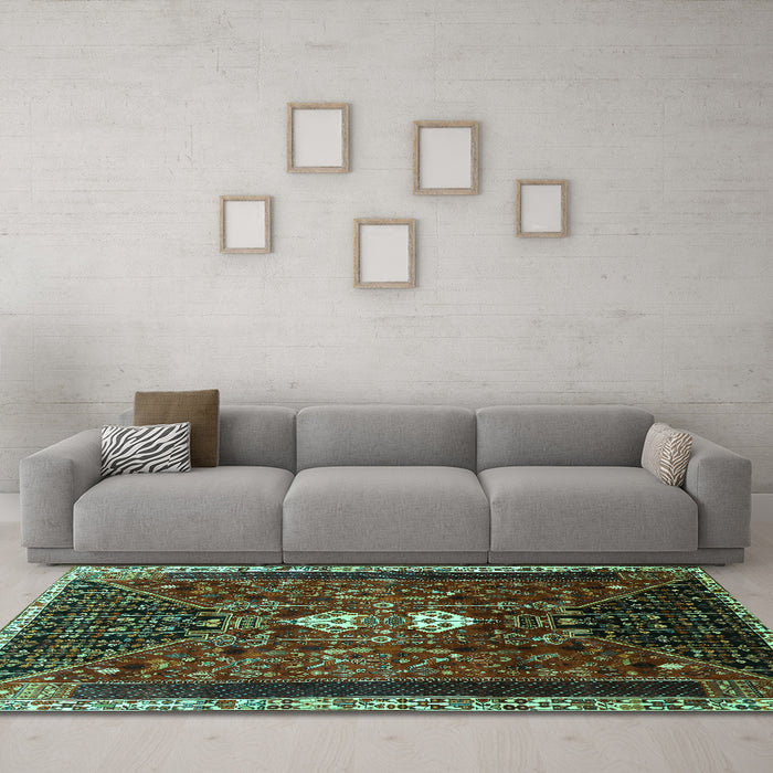 Machine Washable Persian Turquoise Traditional Area Rugs in a Living Room,, wshtr837turq