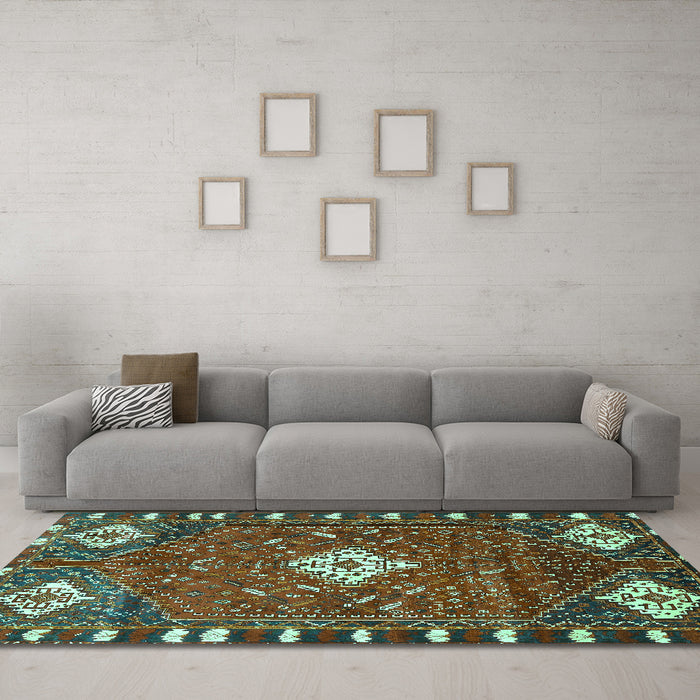 Machine Washable Persian Turquoise Traditional Area Rugs in a Living Room,, wshtr838turq
