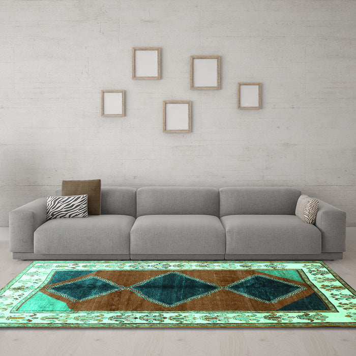 Machine Washable Persian Turquoise Traditional Area Rugs in a Living Room,, wshtr839turq