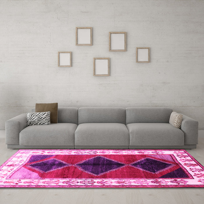 Machine Washable Persian Pink Traditional Rug in a Living Room, wshtr839pnk