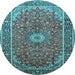 Round Machine Washable Medallion Light Blue Traditional Rug, wshtr83lblu