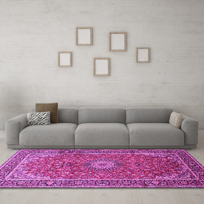 Machine Washable Medallion Pink Traditional Rug in a Living Room, wshtr83pnk