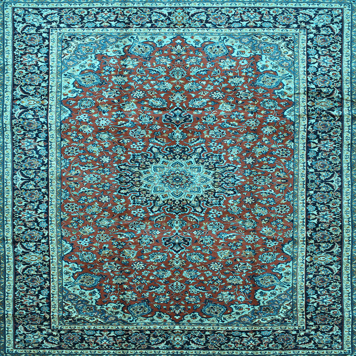 Square Machine Washable Medallion Light Blue Traditional Rug, wshtr83lblu