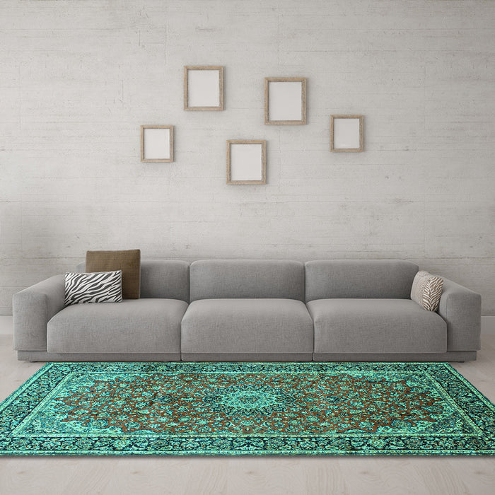 Machine Washable Medallion Turquoise Traditional Area Rugs in a Living Room,, wshtr83turq