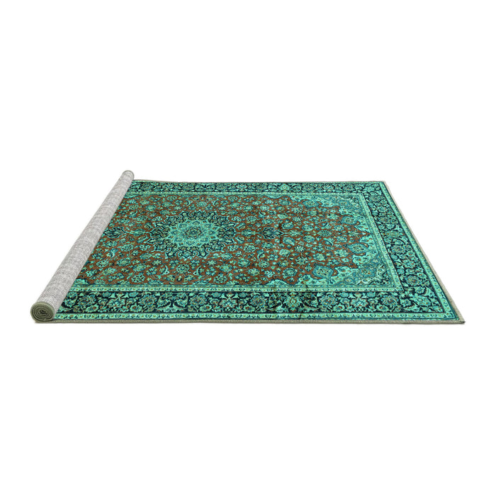 Sideview of Machine Washable Medallion Turquoise Traditional Area Rugs, wshtr83turq