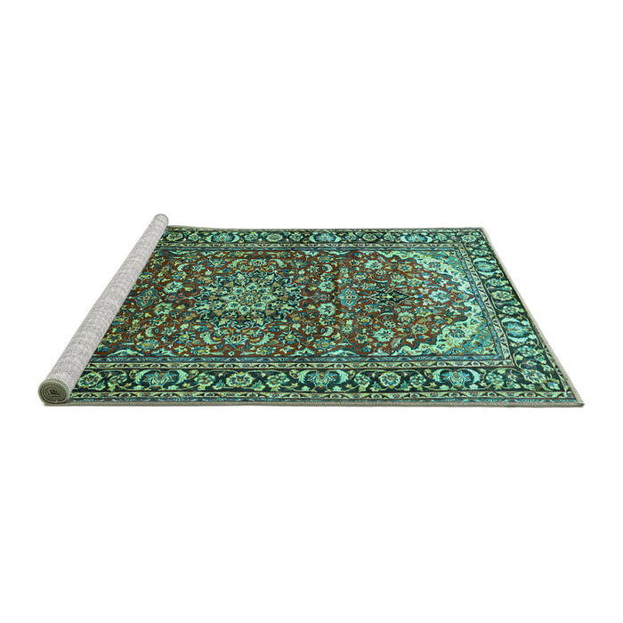 Sideview of Machine Washable Persian Turquoise Traditional Area Rugs, wshtr840turq
