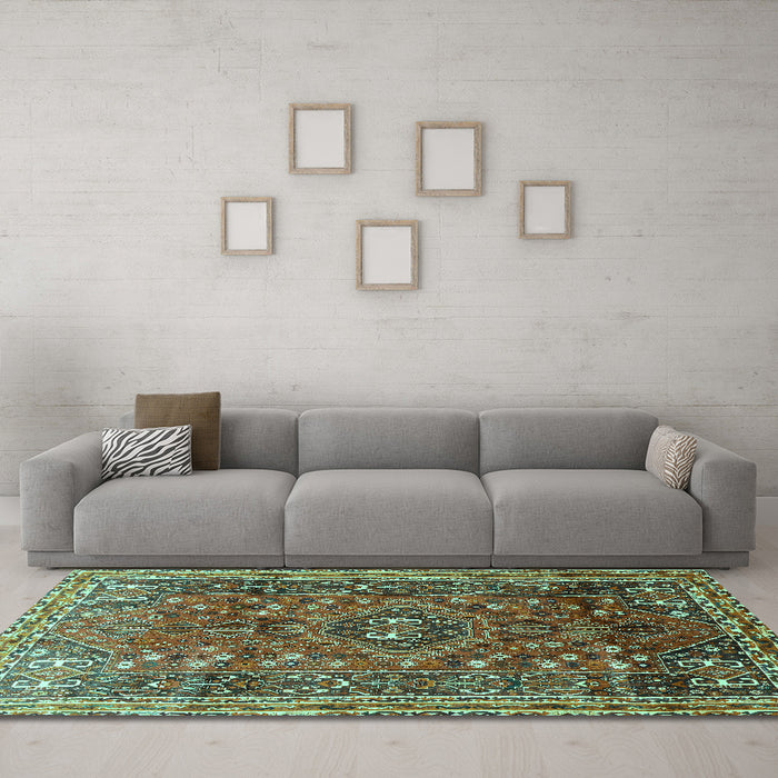 Machine Washable Persian Turquoise Traditional Area Rugs in a Living Room,, wshtr841turq